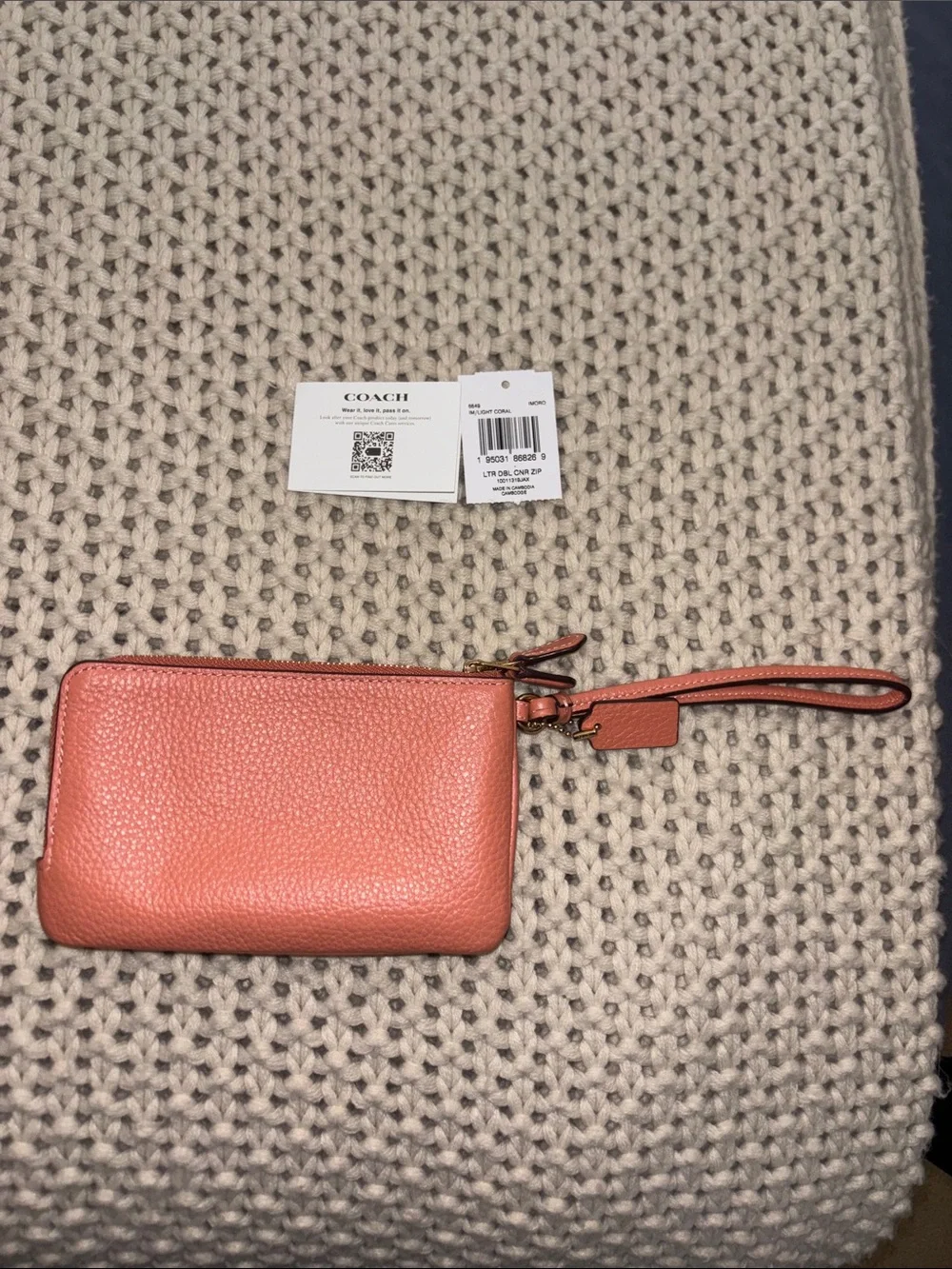 Coach Coral/Peach Gold Pebbled Leather Wristlet double corner zip